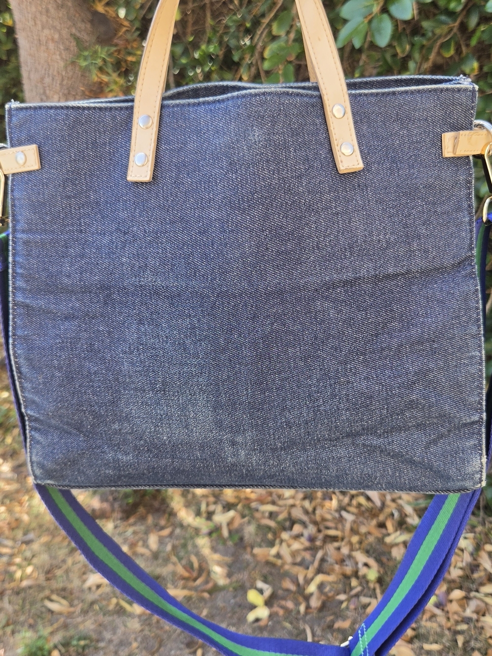 Denim Crossbody Tote with Tan Handles and Blue-Green Strap